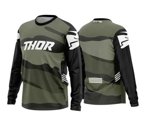 Camisa com logo no peito e estampa grande nas costas exibindo design exclusivo para motocross e trilheiros, com cores vibrantes e estilo marcante, perfeita para fãs dos esportes off-road.